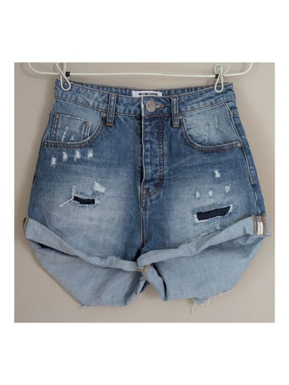 ONE X ONE TEASPOON Blue Bandits Relaxed Cuff Women Denim Distressed Shorts Sz 24